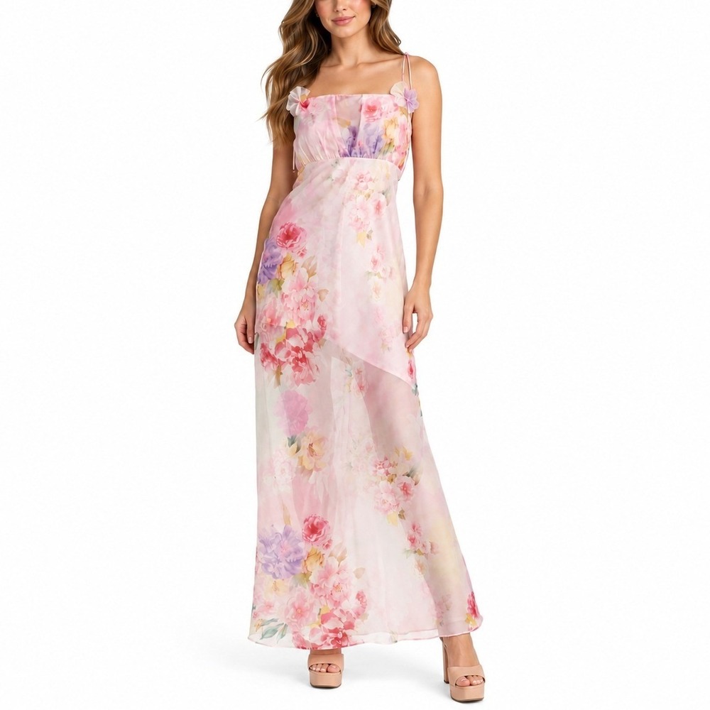 For Love & Lemons Lisa Floral Organza Maxi Dress L Pink Wedding Guest